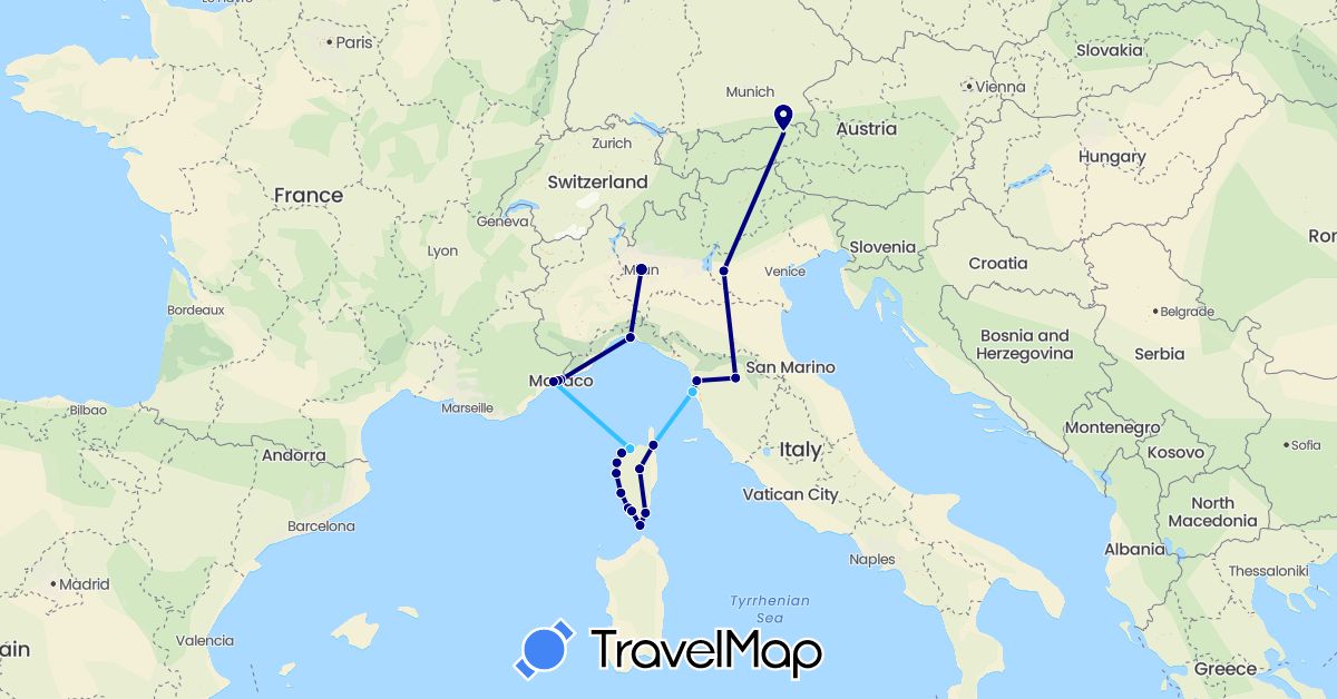 TravelMap itinerary: driving, boat in Austria, France, Italy, Monaco (Europe)