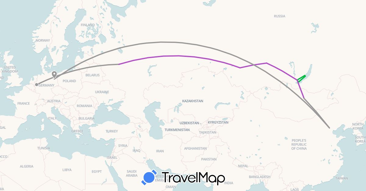 TravelMap itinerary: driving, bus, plane, train in China, Germany, Mongolia, Russia (Asia, Europe)