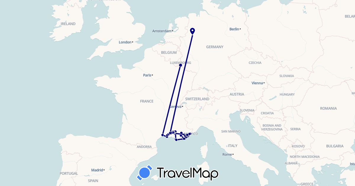 TravelMap itinerary: driving in Germany, France, Luxembourg, Monaco (Europe)